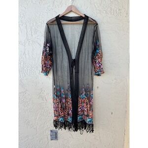 ASHA Embroidered Sheer Kimono Womens One Size Boho Witchy Indie Fringe